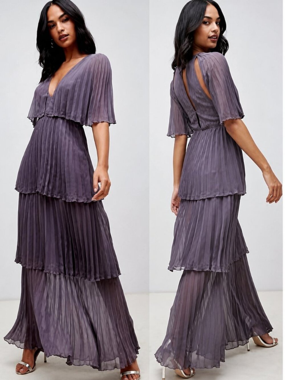 π₯SPECTACULARπ₯ Nordstrom Asos Soft Pleated Tiered Maxi Dress in Gray Lilac - Picture 1 of 10